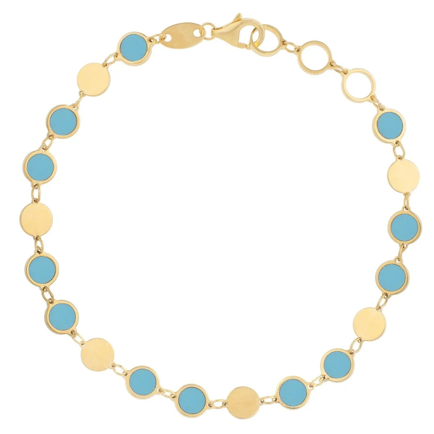 Bracelet 14k yellow gold turquoise enamel disc links with lobster clasp on Tampa Home & Garden Store