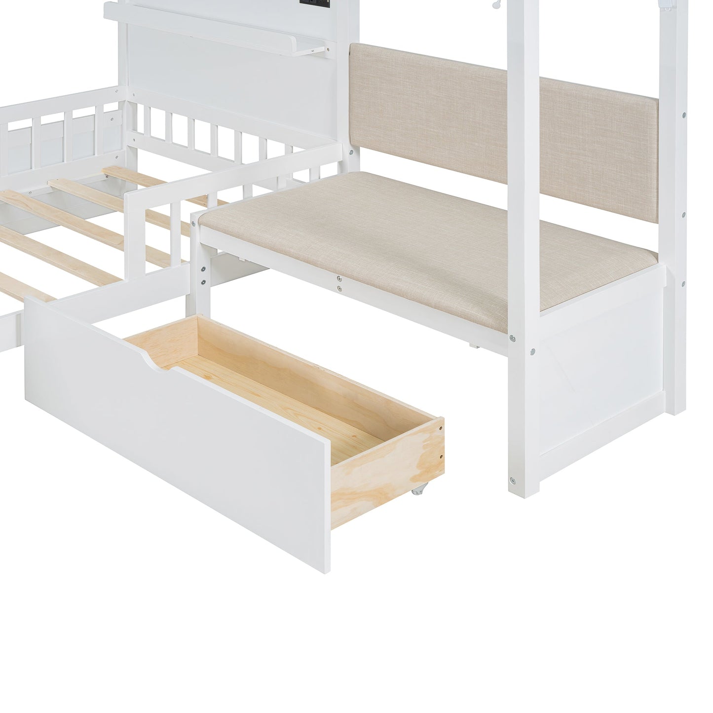 Cama de casa individual con sofá tapizado, cama de casa con estación de carga, carga inalámbrica, estantes y dos cajones, blanco
