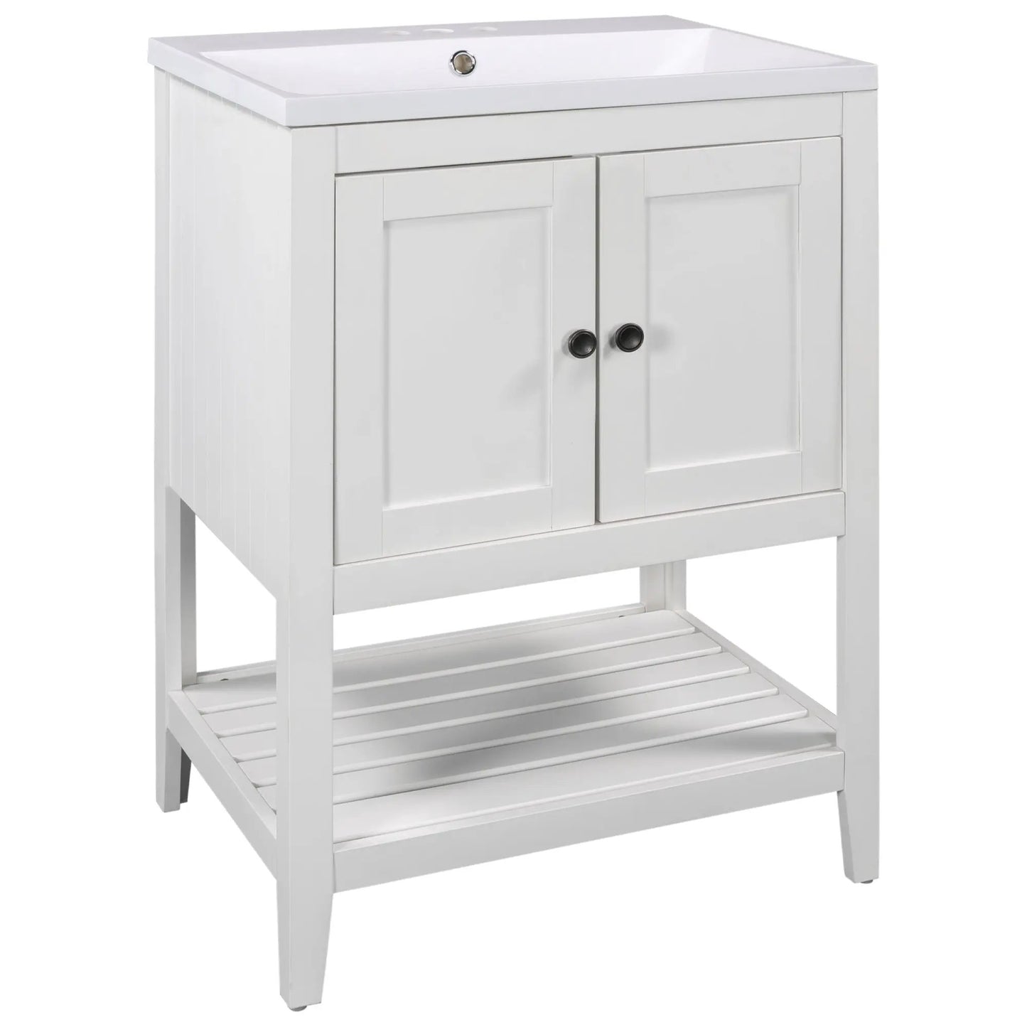 Tocador de baño blanco moderno y elegante de 24" con lavabo de cerámica elegante y marco de madera maciza con estante de estilo abierto
