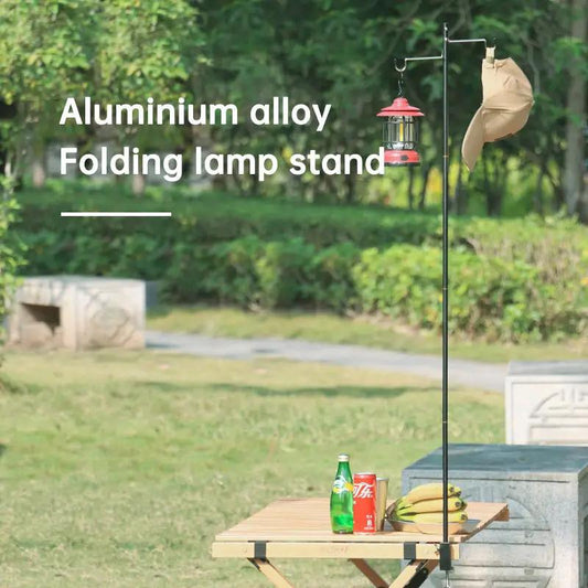 Outdoor aluminum camping lamp holder stand with folding design and red lantern on stand on Tampa Home & Garden Store