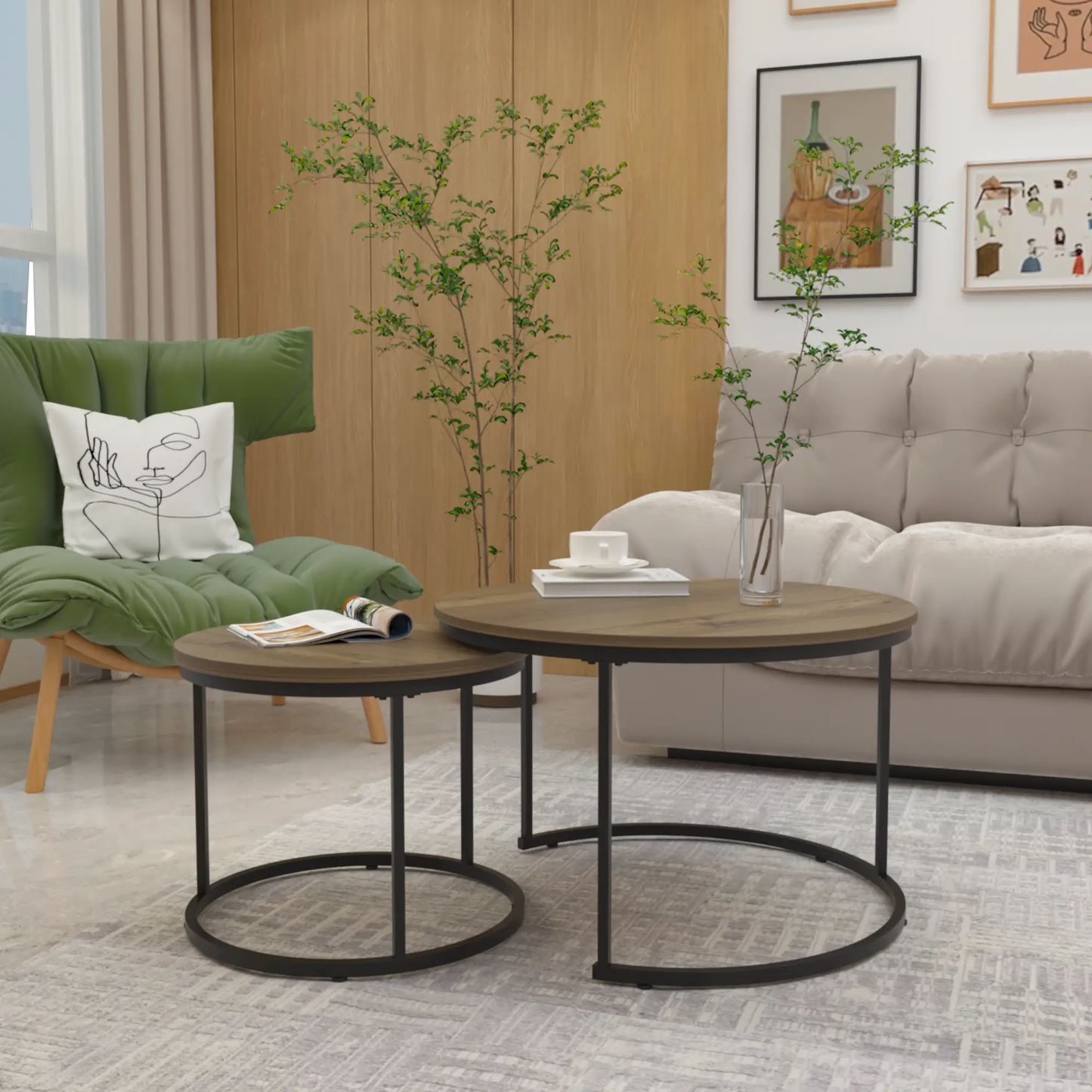 Nesting Coffee Table Set of 2 27.6 Inch Round