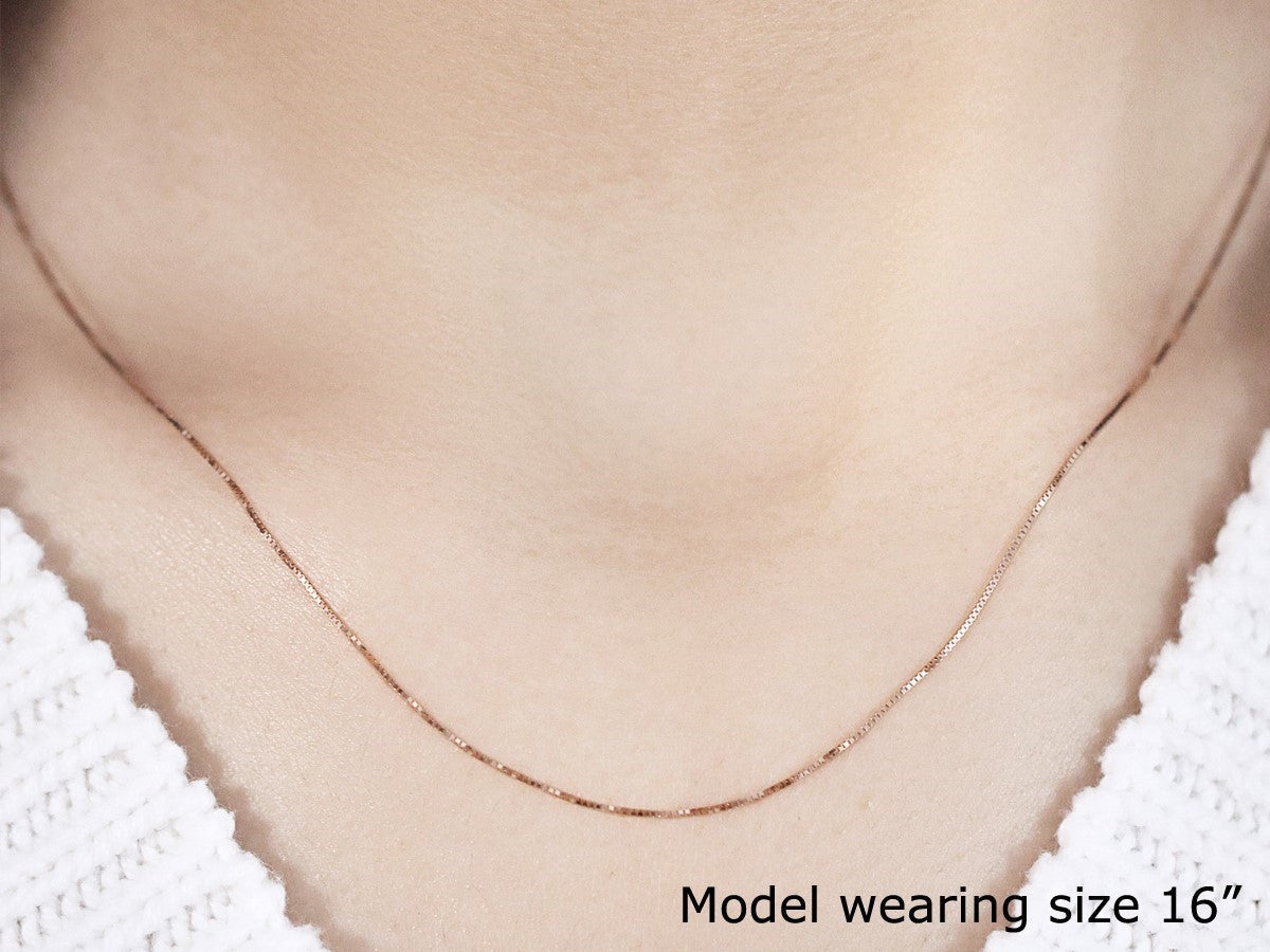 10k rose gold classic box chain necklace 0.45 mm on model, by Bids.com on Tampa Home & Garden Store