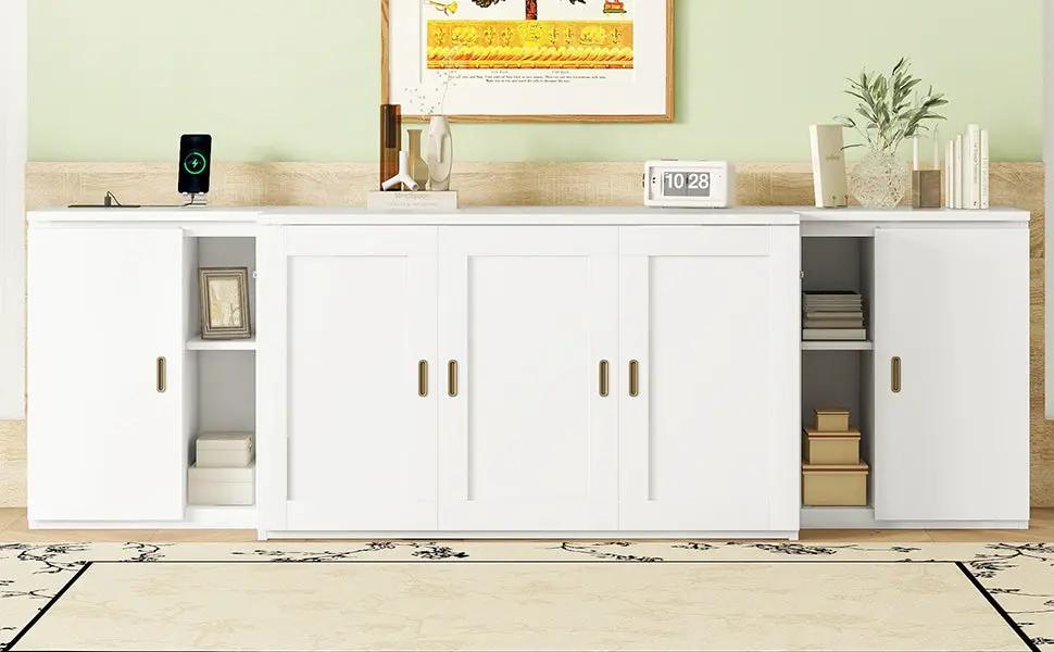 Full Murphy bed with built-in shelves and cabinet storage in a white wall unit on Tampa Home & Garden Store