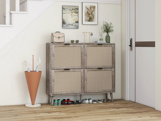 4 Door Freestanding Shoe Rack for Entryway with weathered wood frame and woven cane panels on Tampa Home & Garden Store
