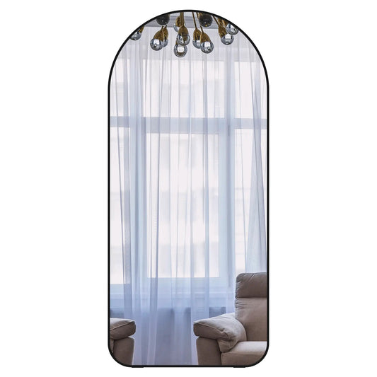 Arch Length Mirror 71x32 large arched-top floor-standing with black frame reflecting curtains on Tampa Home & Garden Store