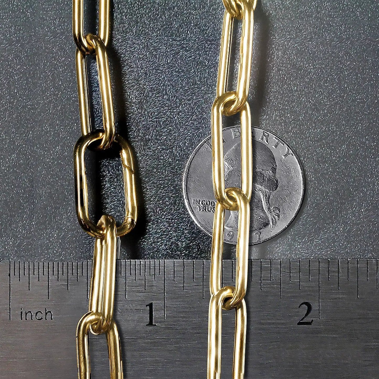 14k yellow gold rounded paperclip chain necklace with large links close-up with ruler for scale on Tampa Home & Garden Store