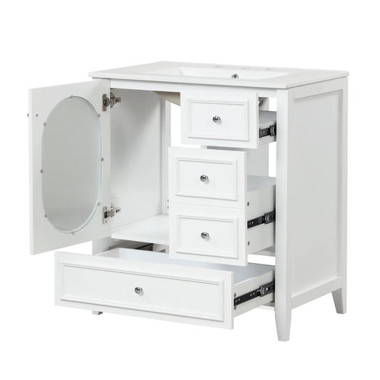 30 inch white bathroom vanity with sink, glass-panel door on left and multiple drawers on Tampa Home & Garden Store