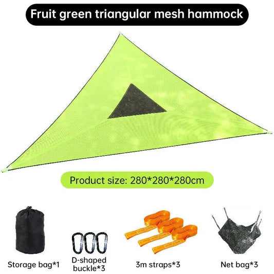 Portable triangular camping hammock fruit green mesh with bag, 3 D buckles, 3m straps on Tampa Home & Garden Store