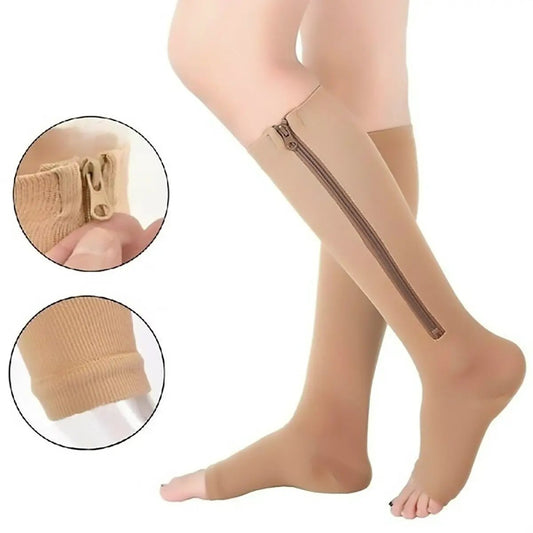 Unisex zippered open-toe compression socks tan knee-high crew on Tampa Home & Garden Store