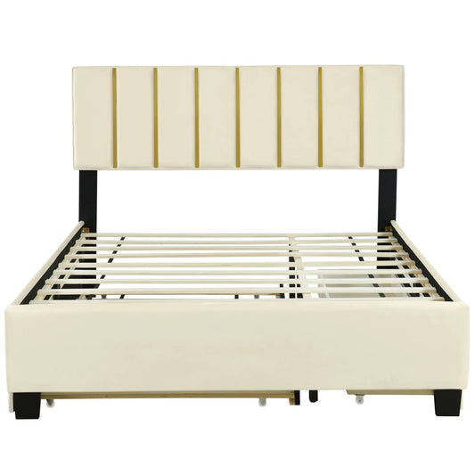 Queen size upholstered platform bed with cream headboard by VIP Digital Presence on Tampa Home & Garden Store