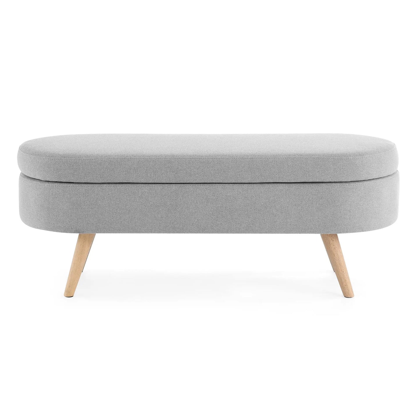 Oval storage ottoman in grey linen fabric with light wood legs on Tampa Home & Garden Store