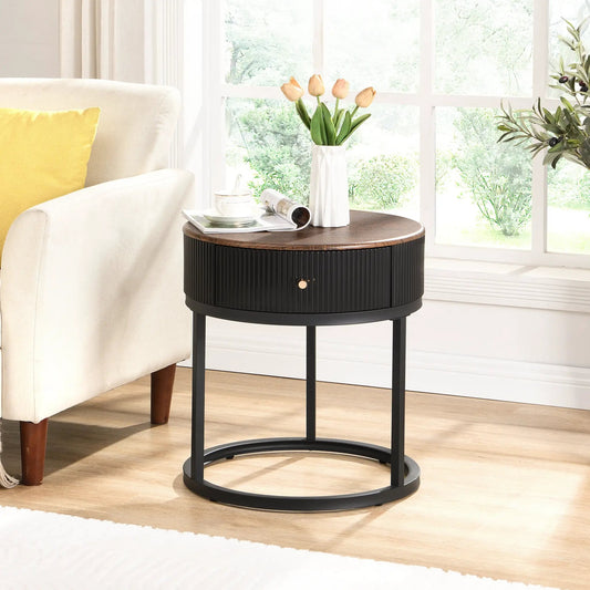 Round wood end table with a drawer and black ribbed metal base on Tampa Home & Garden Store