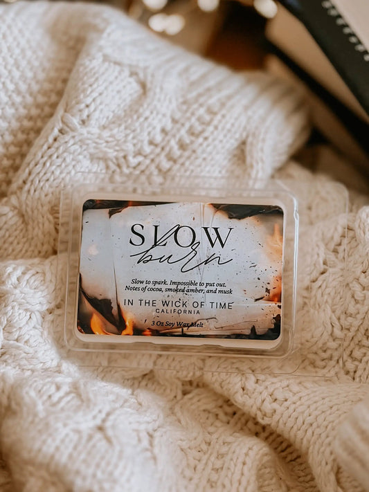 Slow Burn Wax Melt Cocoa Butter and Cashmere Musk by In the Wick of Time in clamshell on blanket on Tampa Home & Garden Store