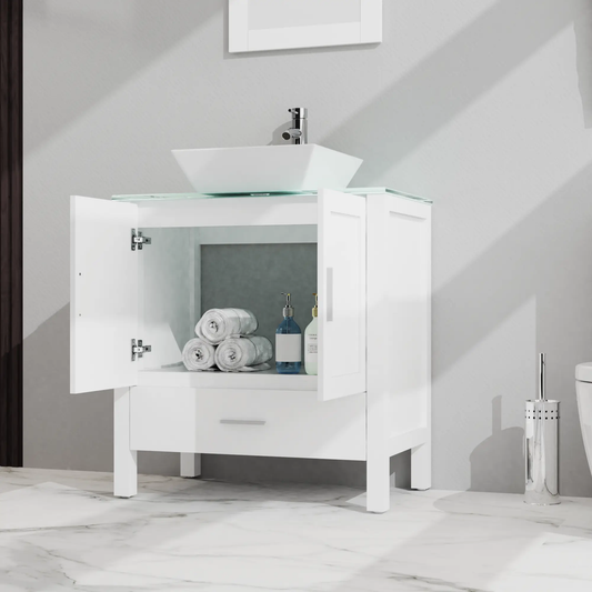 Goodyo 30 inch bathroom vanity sink combo with white cabinet, glass top, chrome faucet on Tampa Home & Garden Store