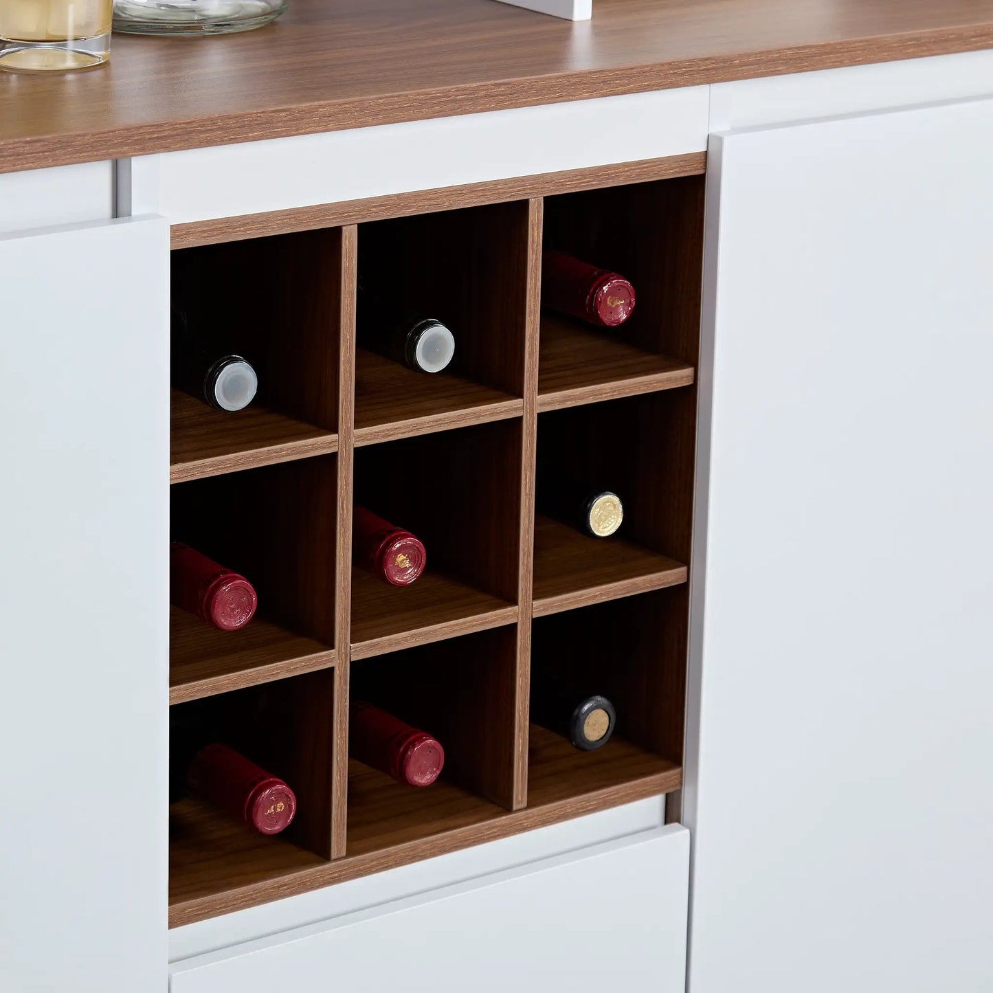 Farmhouse Coffee Bar Wine Cabinet with Storage, white body and natural wood top, bottle cubbies on Tampa Home & Garden Store