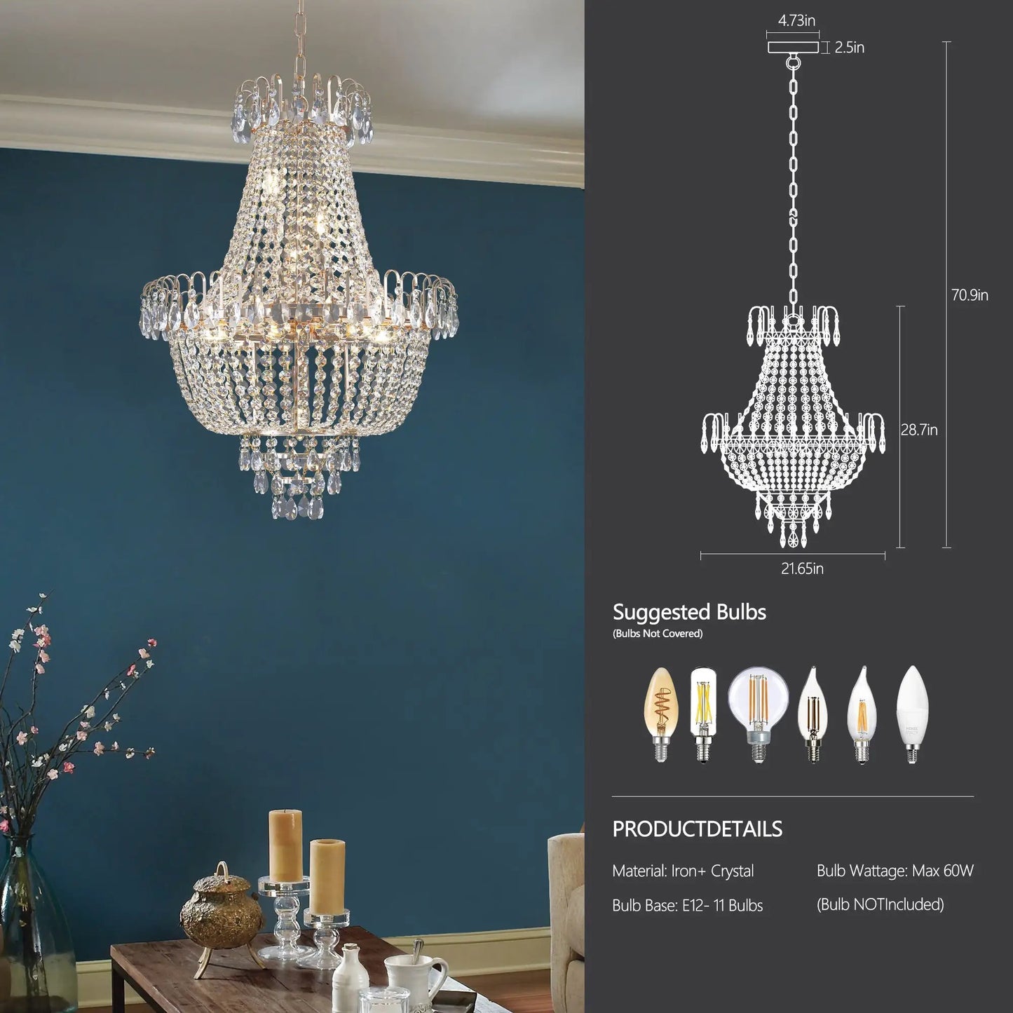 Gold crystal pendant light chandelier with clear crystal beads and gold chain, V.I.P Digital Presence on Tampa Home & Garden Store