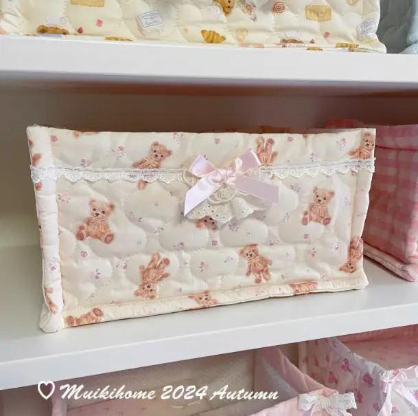 Quilted desktop item organizer basket in ivory with teddy bear print and pink bow on Tampa Home & Garden Store