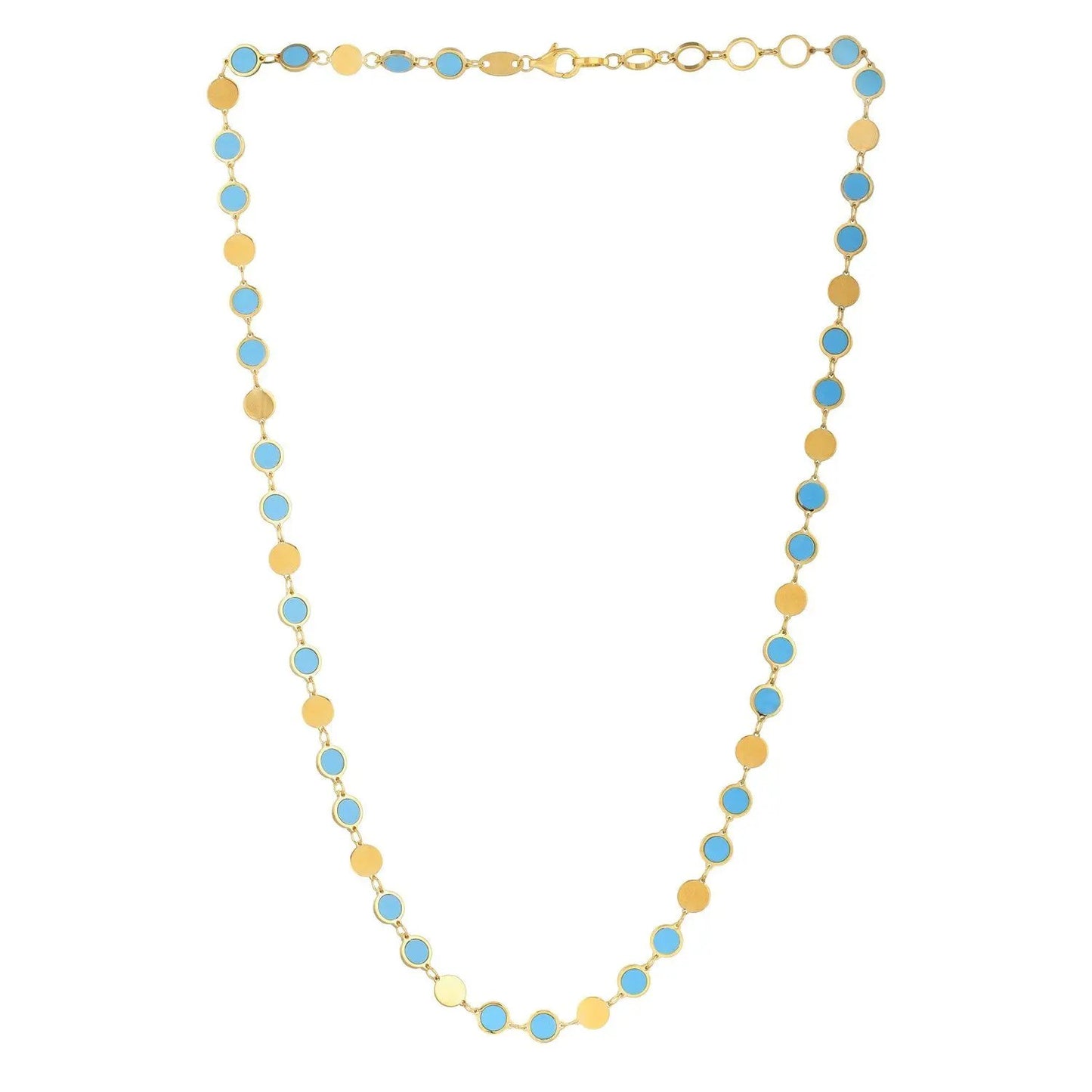 14k yellow gold turquoise geometric necklace with turquoise discs and gold circles by Bids on Tampa Home & Garden Store