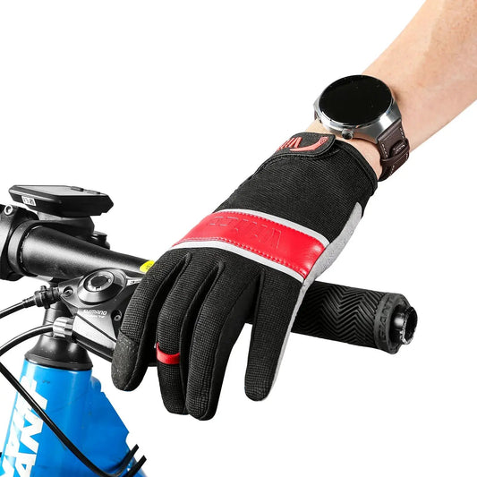 Outdoor Mountain Bike Gloves with Touch Screen black gloves with red strap on bike handlebar on Tampa Home & Garden Store