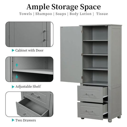 Tall gray freestanding bathroom cabinet with doors, adjustable shelf, and two drawers by VIP on Tampa Home & Garden Store