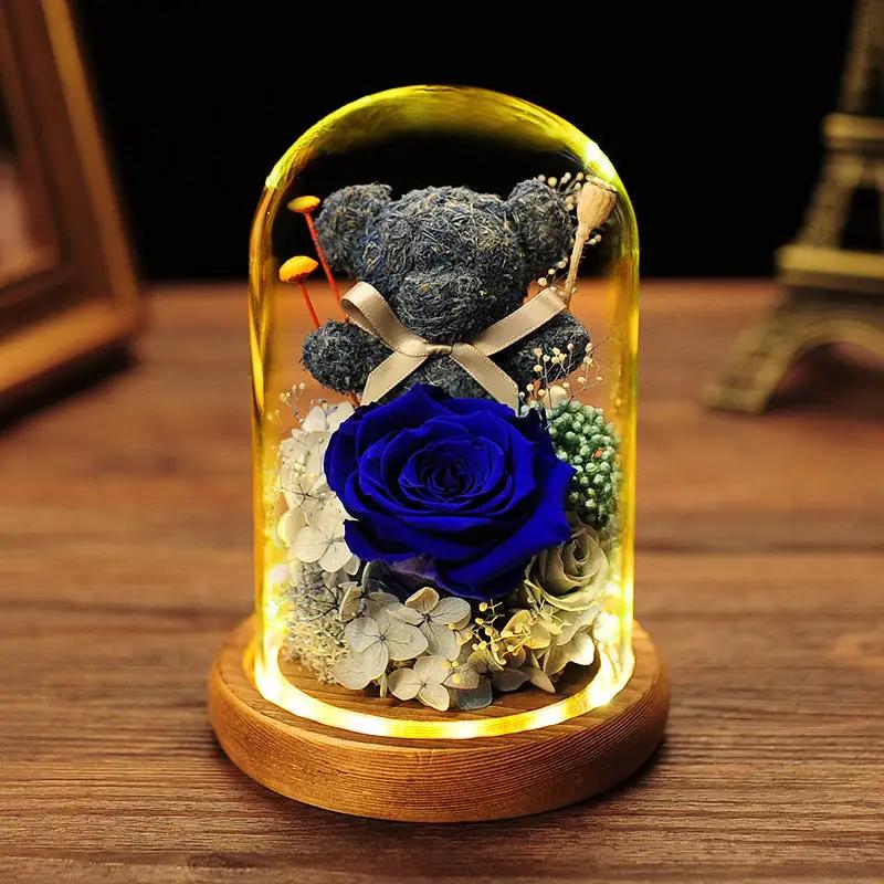 Valentine's Day Gift Everlasting Flower Bear Moss Glass Cover Finished Gift Box for Girlfriend Birthday Ornament Dried Flowers Roses - Tampa Home & Garden Store