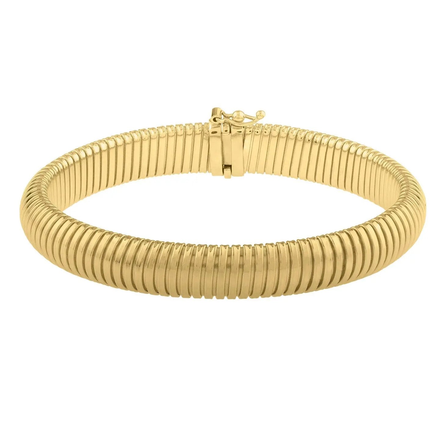 14k yellow gold tubogas bracelet, 9mm wide, ribbed flexible band with secure clasp, brand Bids on Tampa Home & Garden Store