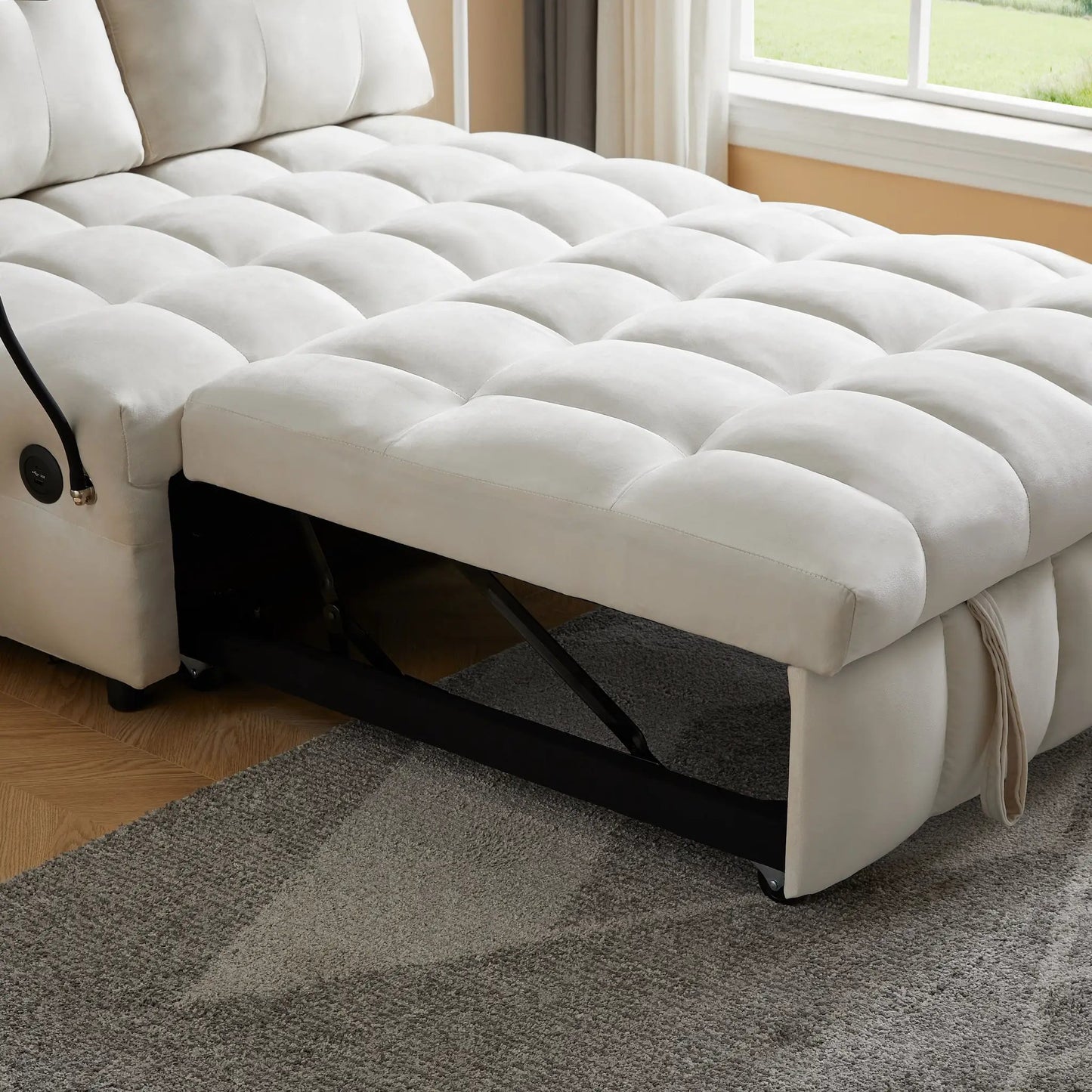 Canapé-lit moderne en velours, dossier amovible indépendamment, avec port USB et support de téléphone pivotant, beige