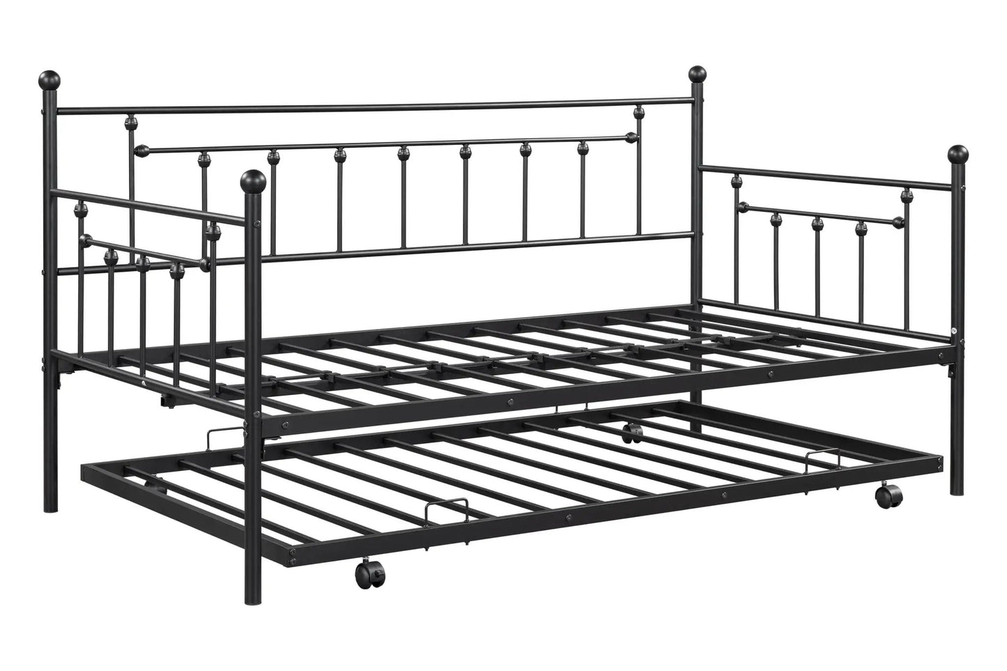 Black metal double bed frame with slatted base and rounded finials on Tampa Home & Garden Store