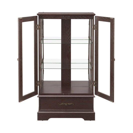 Cherry wood glass curio cabinet with interior lighting, glass shelves and bottom drawer on Tampa Home & Garden Store