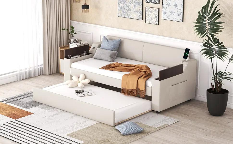 Beige twin size upholstered daybed with pull-out trundle and USB by VIP Digital Presence on Tampa Home & Garden Store