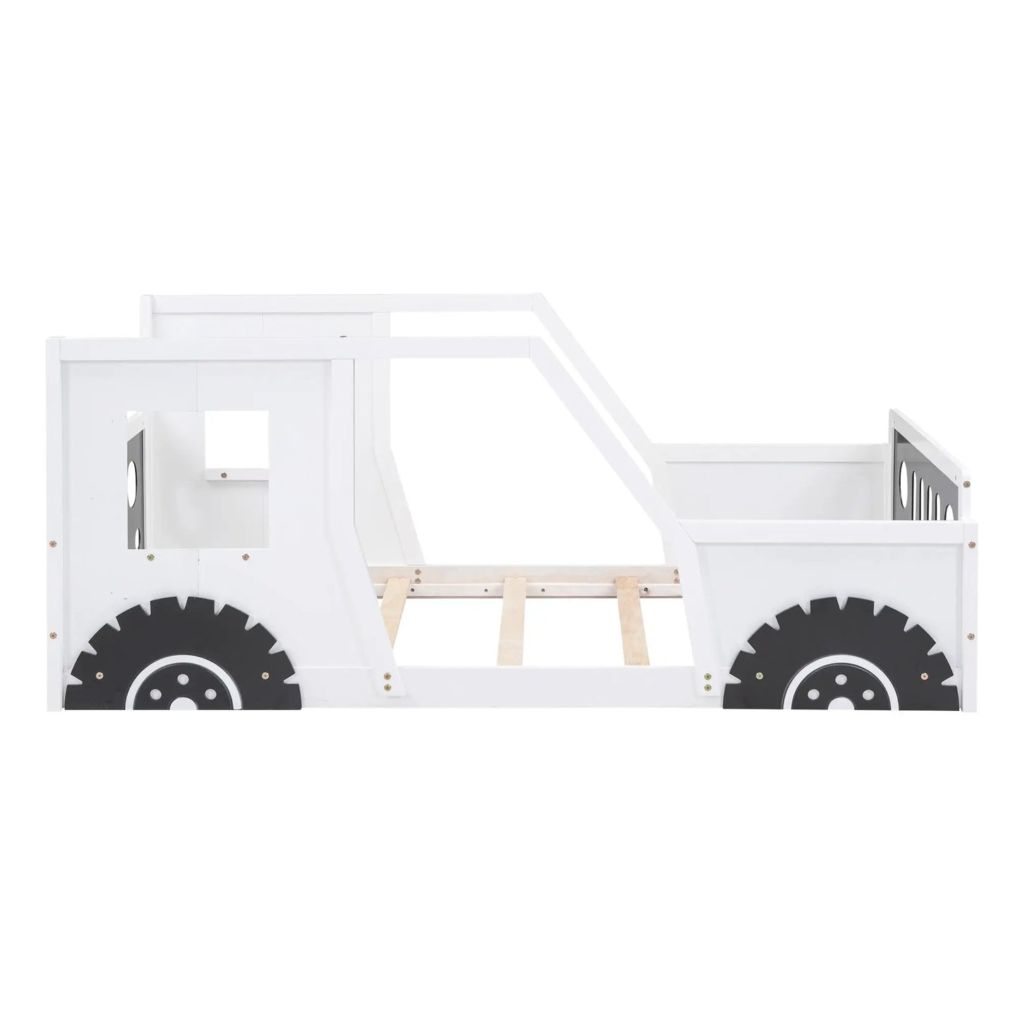 Twin Size Car Shaped Platform Bed with Wheels white frame with two gear-like wheels on Tampa Home & Garden Store