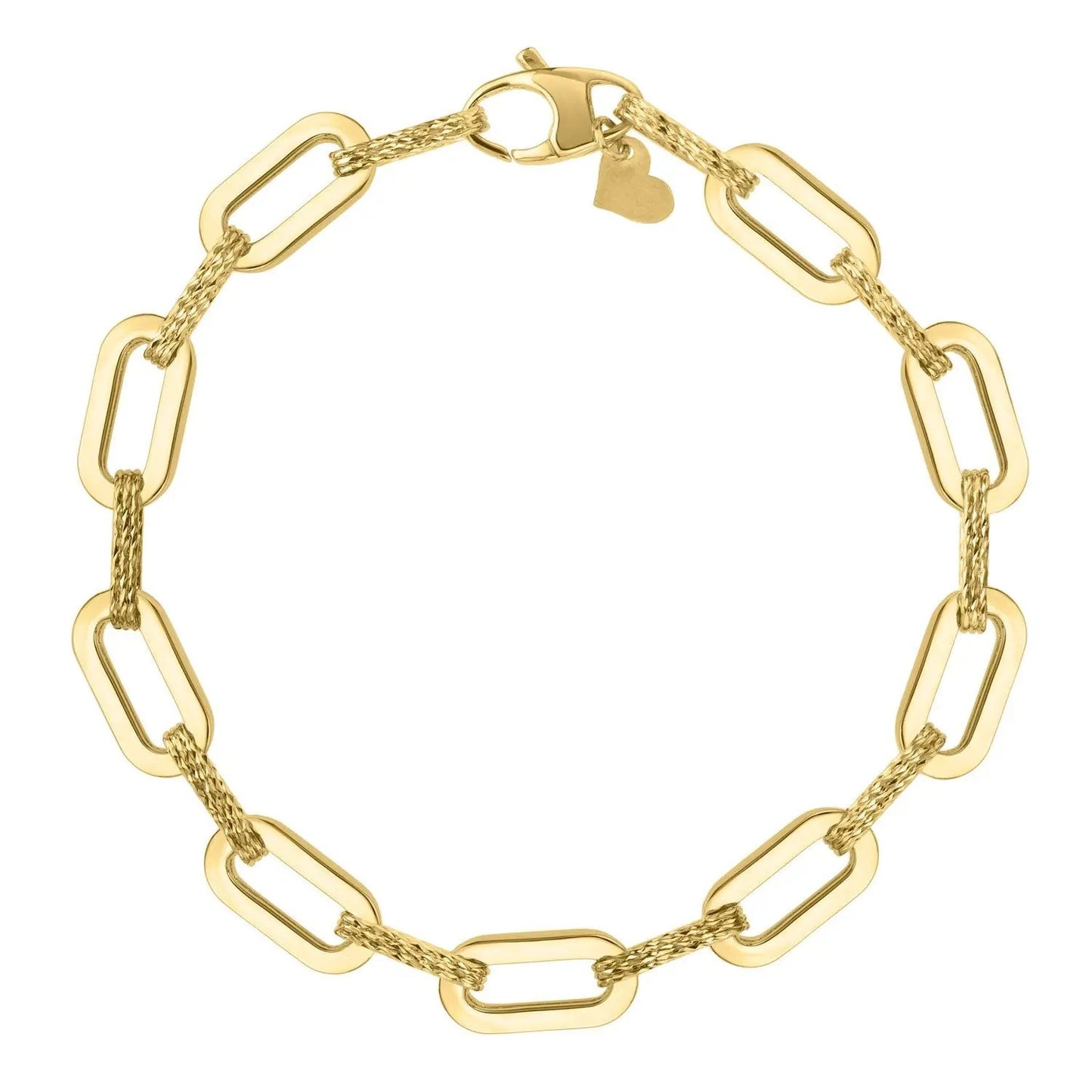 Bracelet 14k yellow gold paperclip chain with textured links and heart charm near clasp on Tampa Home & Garden Store