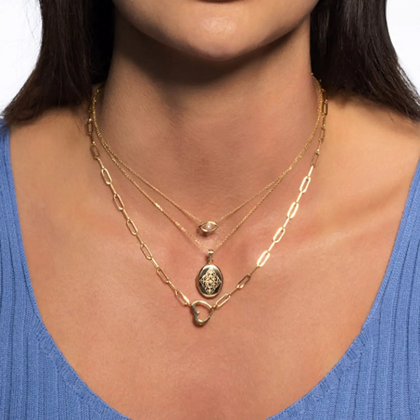 14k yellow gold heart paperclip necklace with layered chains and small pendants on Tampa Home & Garden Store
