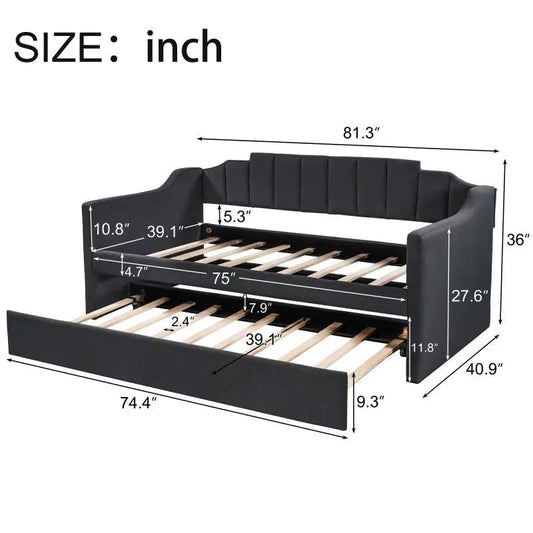 Upholstered twin daybed with black fabric and pull-out trundle, tufted back, side rails on Tampa Home & Garden Store