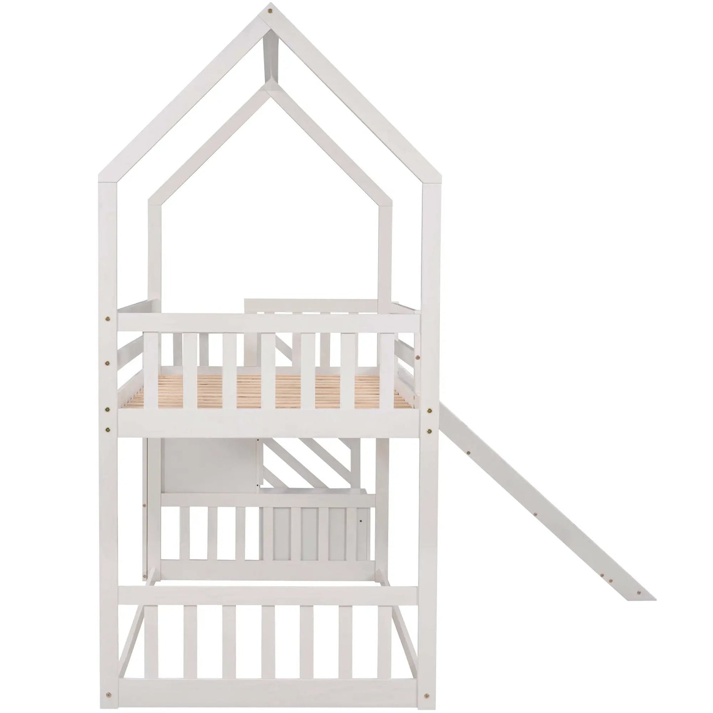 Twin over twin white wooden bunk bed frame with slide and storage, slatted base on Tampa Home & Garden Store