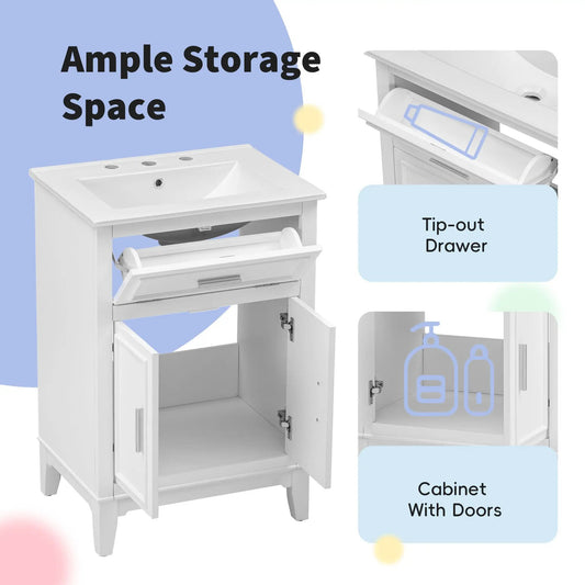 24 Inch White Solid Wood Vanity with Sink, single sink cabinet on Tampa Home & Garden Store