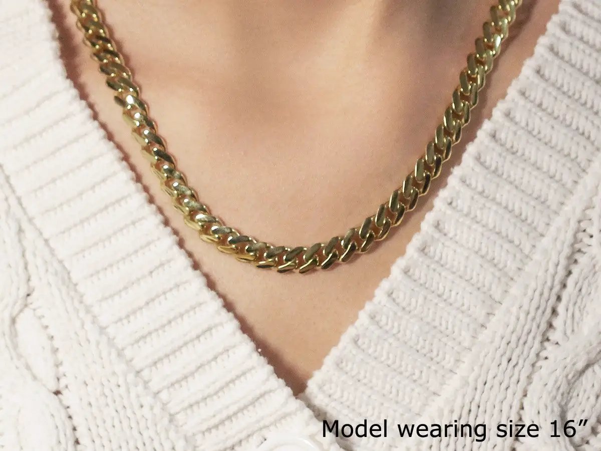 14k yellow gold Miami Cuban chain necklace with bold curb links, model wearing size 16 on Tampa Home & Garden Store