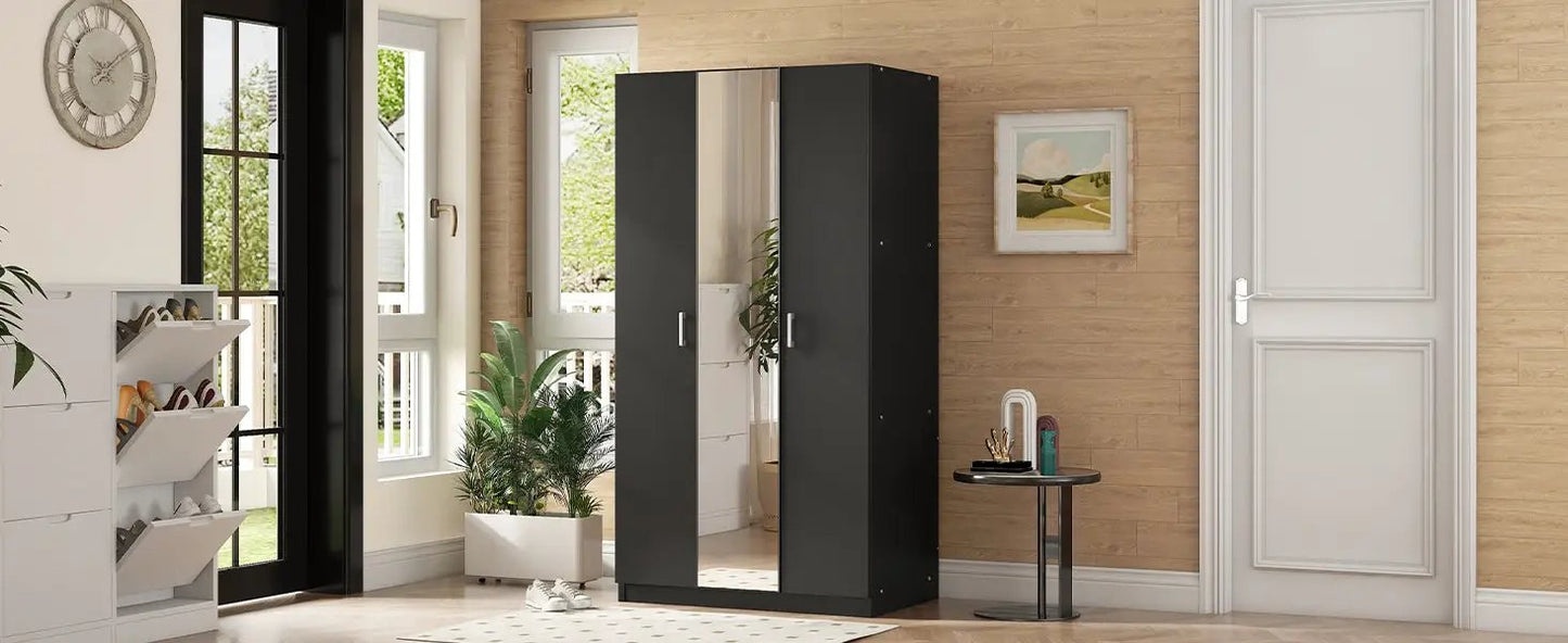 Armoire 3 portes avec miroir, penderie avec tringle et 3 étagères fixes, Noir