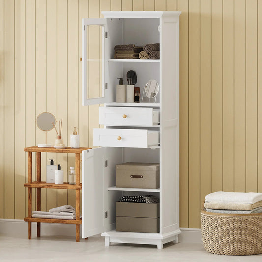 Tall glass-doors bathroom cabinet with drawers, white finish, shelves with towels and toiletries on Tampa Home & Garden Store