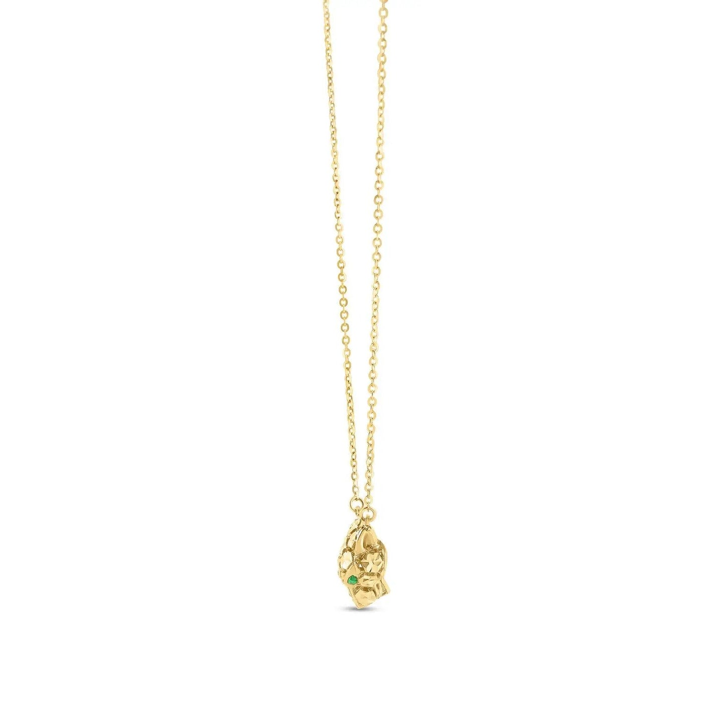 Panther Head Necklace 14k yellow gold with green gemstone eyes on a delicate chain on Tampa Home & Garden Store