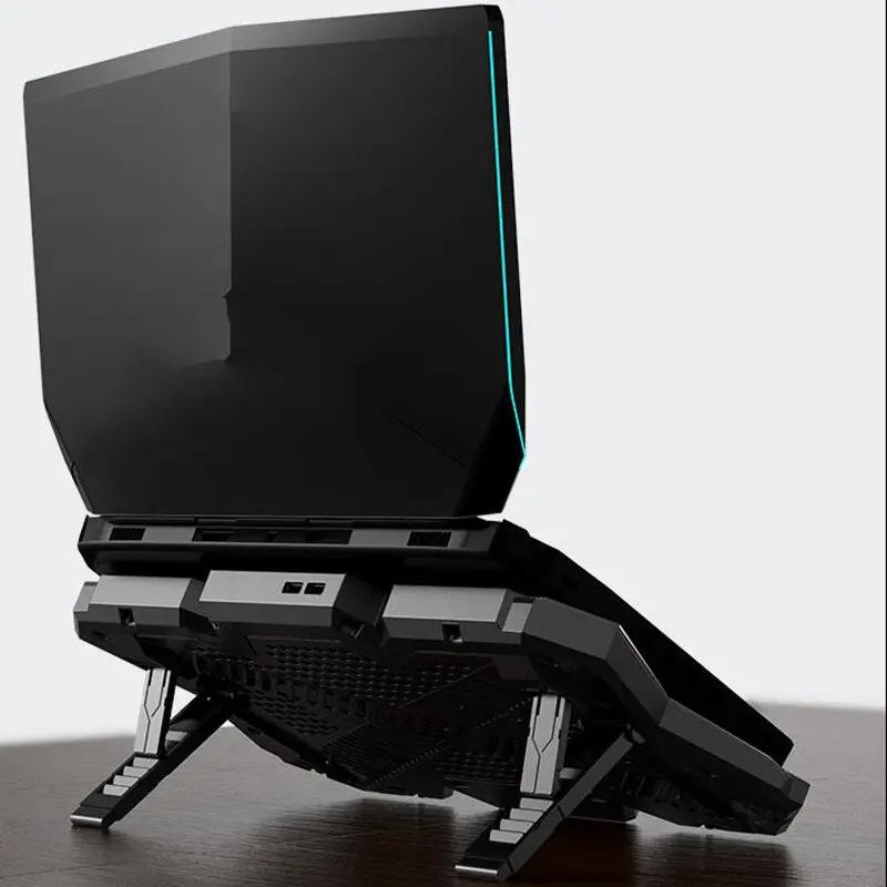 Six Fan Laptop Cooler With RGB Lighting, 12–17 in, black angular cooling stand with teal edge on Tampa Home & Garden Store