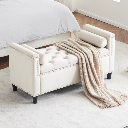 Cream white velvet storage bench with armrests, tufted seat, nailhead trim, beige throw on Tampa Home & Garden Store