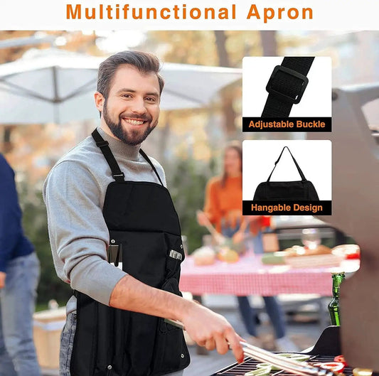 BBQ grilling set and apron in black with adjustable buckle strap and hangable design on Tampa Home & Garden Store