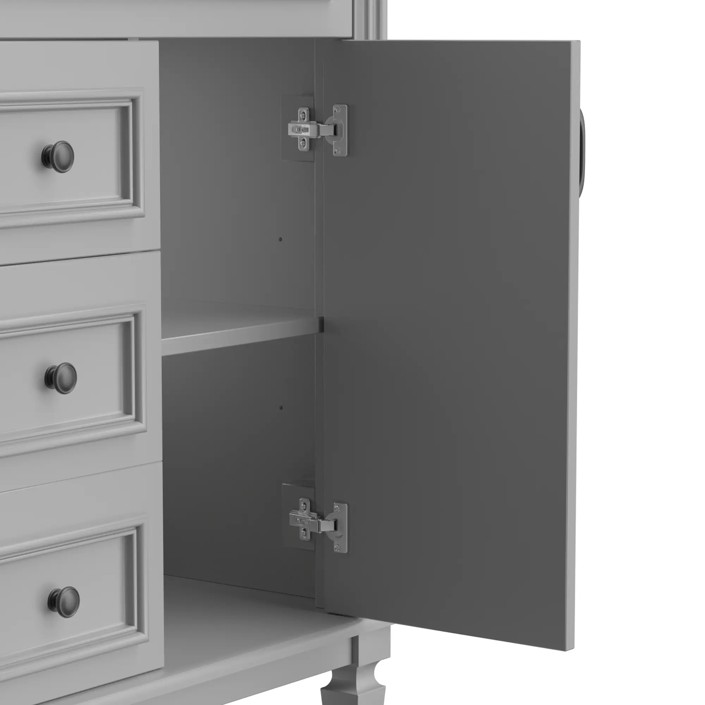 36-inch grey bathroom vanity with top sink, left drawer unit and open right cabinet on Tampa Home & Garden Store