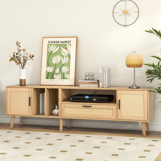 Rattan TV stand with 2 cabinets and 2 shelves in natural wood tone with cane-front cabinet doors on Tampa Home & Garden Store