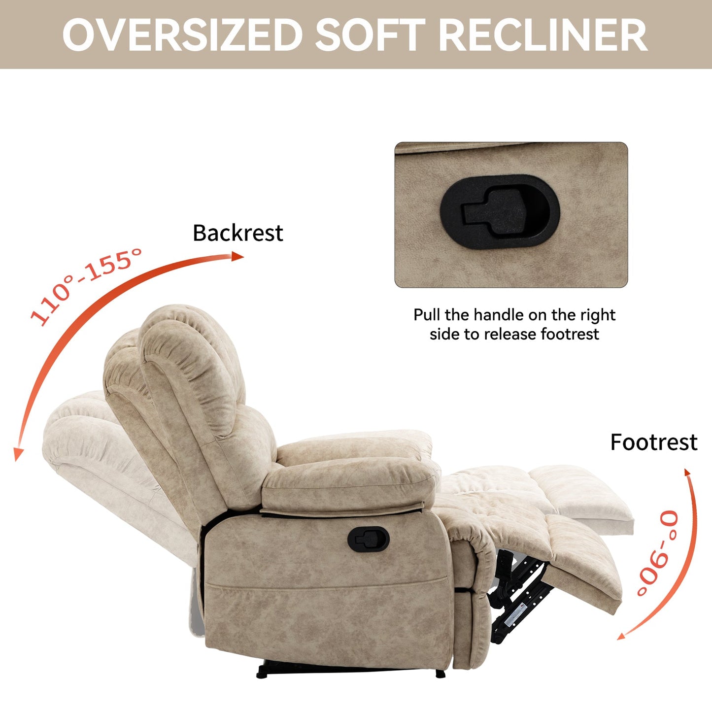 Sillón Reclinable Manual Grande de Tela para Sala de Estar, Beige