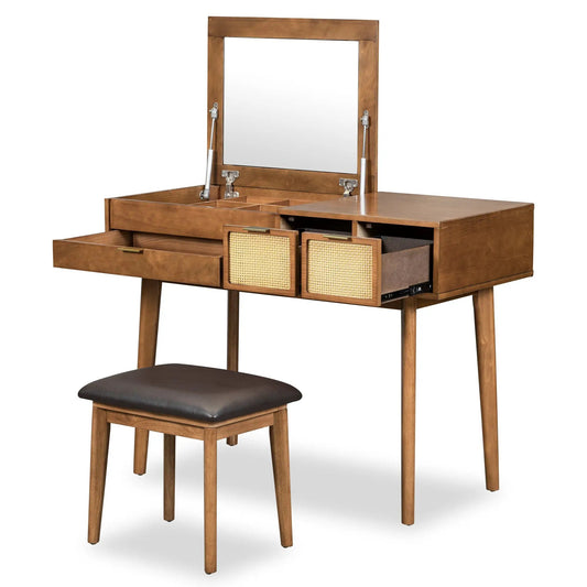 Wooden vanity set with flip mirror, brown finish, cane-front drawers, and matching stool on Tampa Home & Garden Store