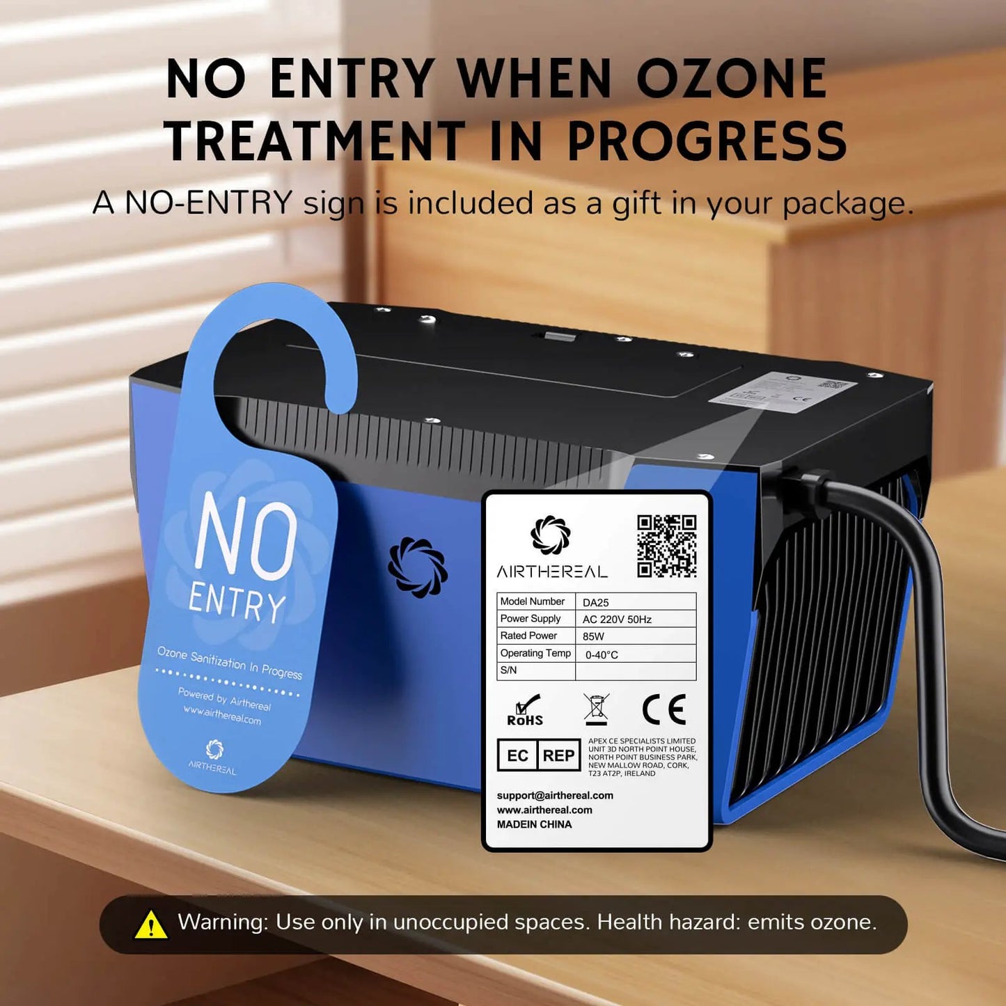 DA25 Desktop Ozone Generator by Airthereal, blue unit with NO ENTRY tag on Tampa Home & Garden Store
