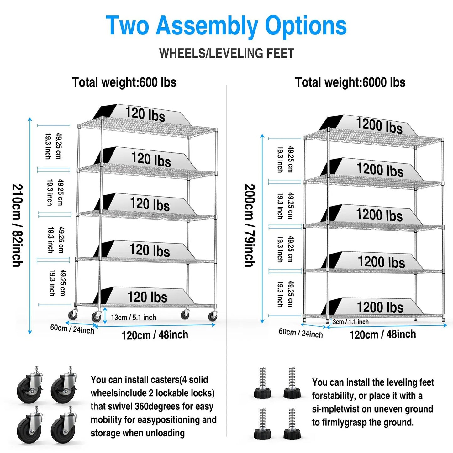 5-Tier Heavy Duty Chrome Storage Rack VIP Digital Presence, wheels or leveling feet setup on Tampa Home & Garden Store