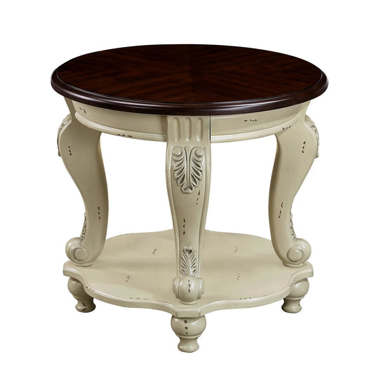 Round sofa side table 22-inch two-tone with dark wood top and cream carved base on Tampa Home & Garden Store